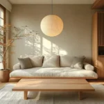 Minimalist Japandi bedroom with low wooden platform bed, shoji screen doors, and warm natural lighting