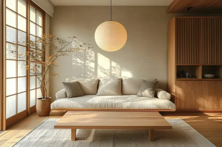 Minimalist Japandi bedroom with low wooden platform bed, shoji screen doors, and warm natural lighting