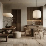 Minimalist Japandi dining room with natural wood furniture, paper lantern pendants, and neutral beige color palette