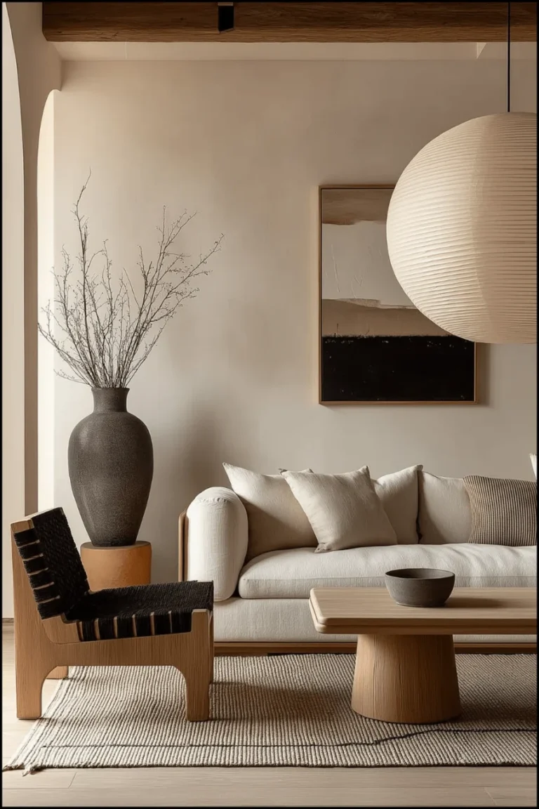 Minimalist Japandi living room with neutral sofa, wooden coffee table, paper lantern, and organic decor elements