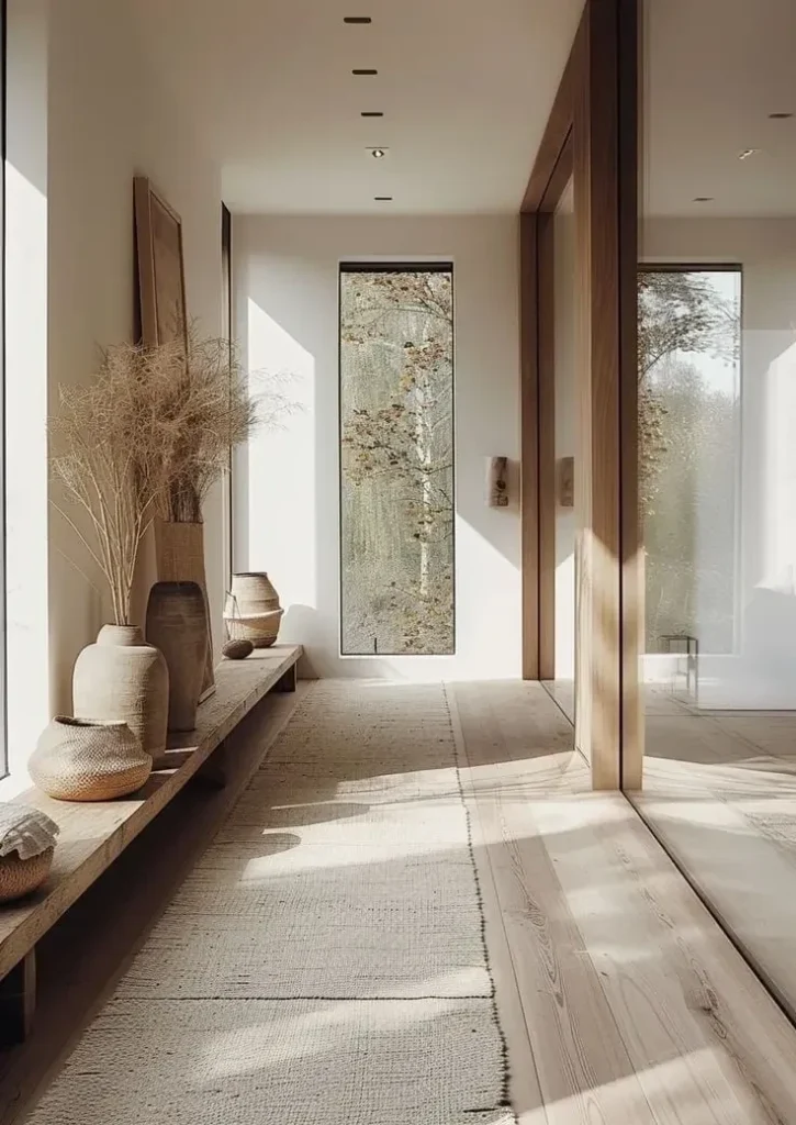 Minimalist Japandi entryway with natural wood bench, neutral tones, and organic pampas grass decor