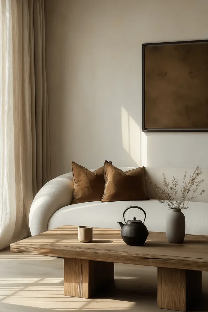 Minimalist Japandi living room with curved white sofa, wooden coffee table, and neutral earth tone pillows