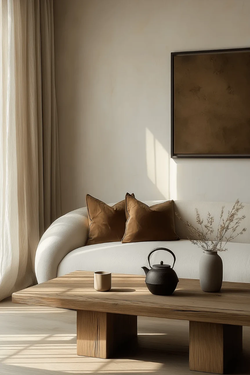 Minimalist Japandi living room with curved white sofa, wooden coffee table, and neutral earth tone pillows