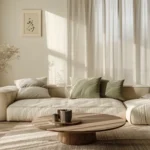 Minimalist Japandi living room with beige modular sofa, natural wood coffee table, and neutral earth tones