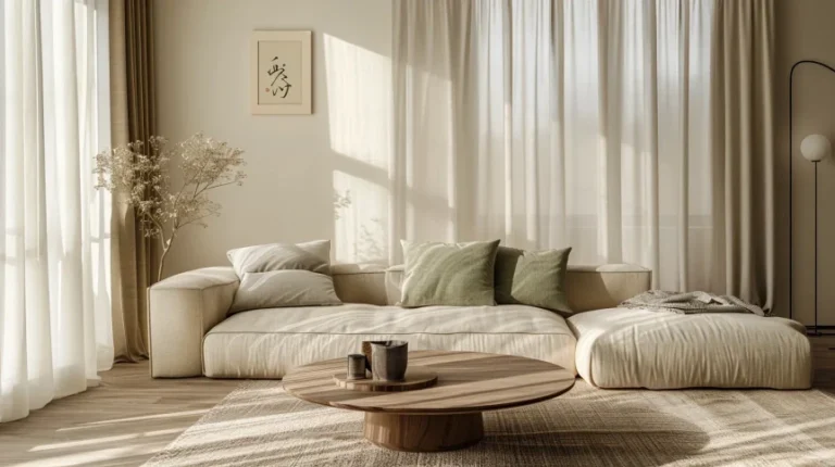 Minimalist Japandi living room with beige modular sofa, natural wood coffee table, and neutral earth tones