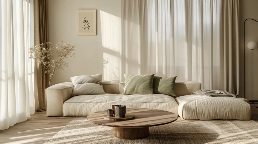Minimalist Japandi living room with beige modular sofa, natural wood coffee table, and neutral earth tones