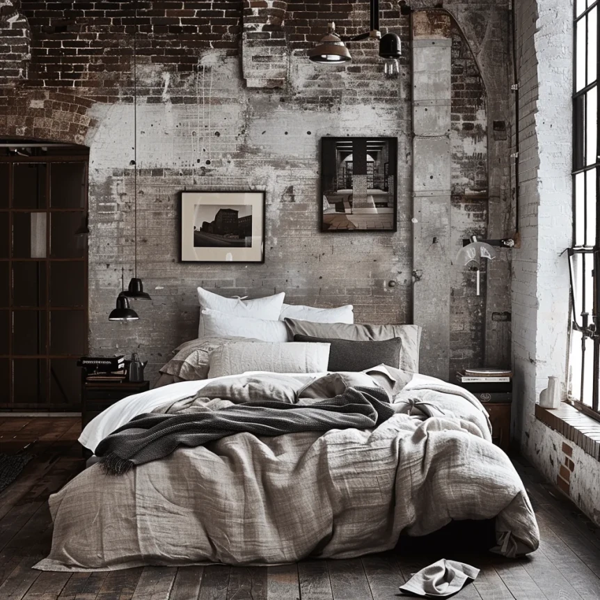 Industrial bedroom with exposed brick walls, concrete, gray bedding, and large factory windows with natural light