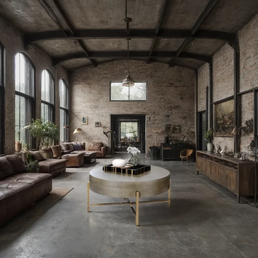 Industrial loft living room with exposed brick walls, concrete floors, leather sofa, and metal-framed windows