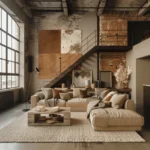 Neutral beige sectional sofa in industrial loft with exposed brick walls, concrete floors, and large factory windows
