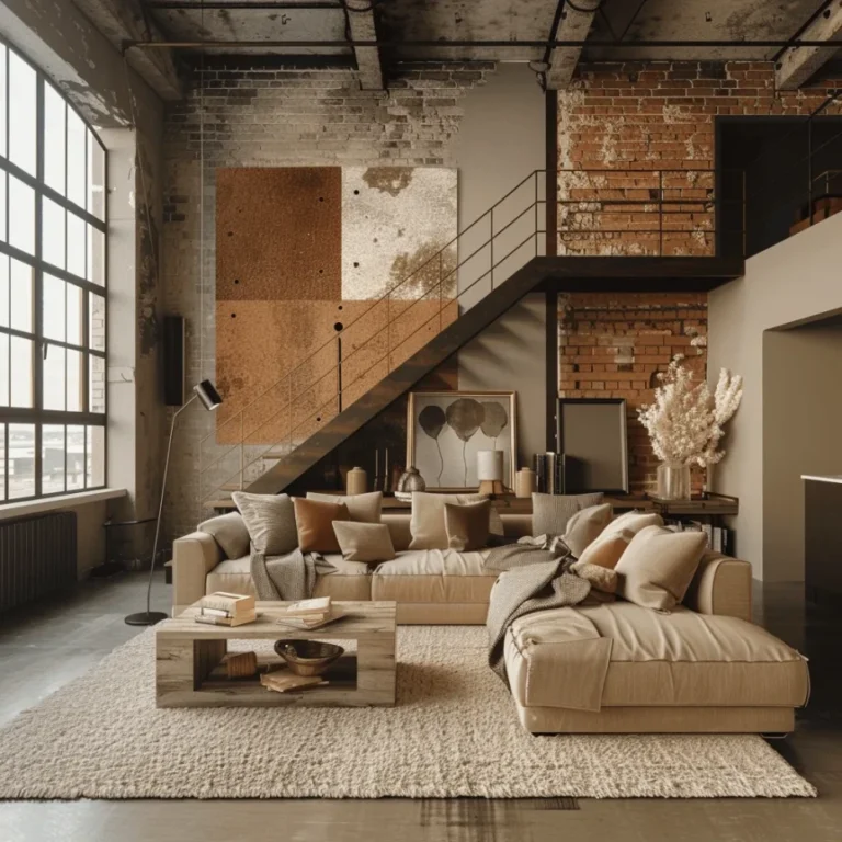 Neutral beige sectional sofa in industrial loft with exposed brick walls, concrete floors, and large factory windows