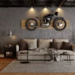 Industrial loft living room with vintage motorcycle wall art, exposed ceiling, leather sofa, and metal shelving units