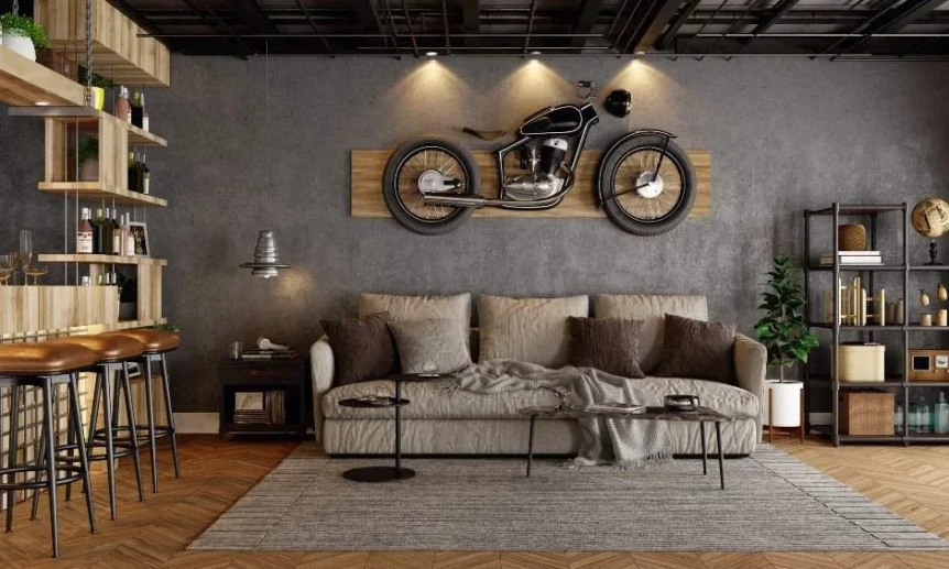 Industrial loft living room with vintage motorcycle wall art, exposed ceiling, leather sofa, and metal shelving units