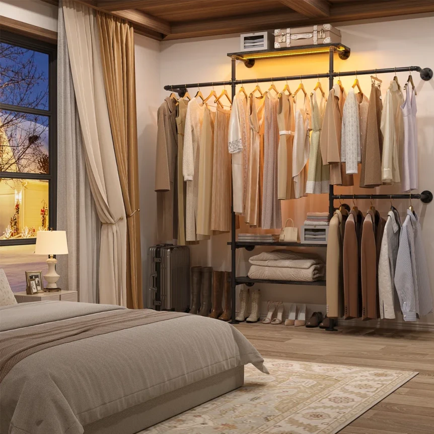 Pipe clothing rack with shelves.