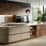 Modern minimalist kitchen with sleek curved island, wood cabinetry, and floor-to-ceiling windows