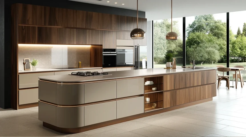 Modern minimalist kitchen with sleek curved island, wood cabinetry, and floor-to-ceiling windows