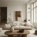 Minimalist living room with cream sofa, organic wood coffee table, neutral tones and natural light creating calm space