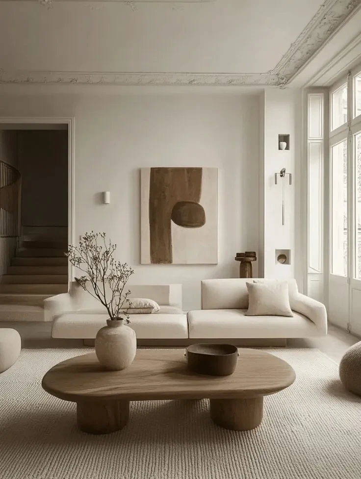 Minimalist living room with cream sofa, organic wood coffee table, neutral tones and natural light creating calm space