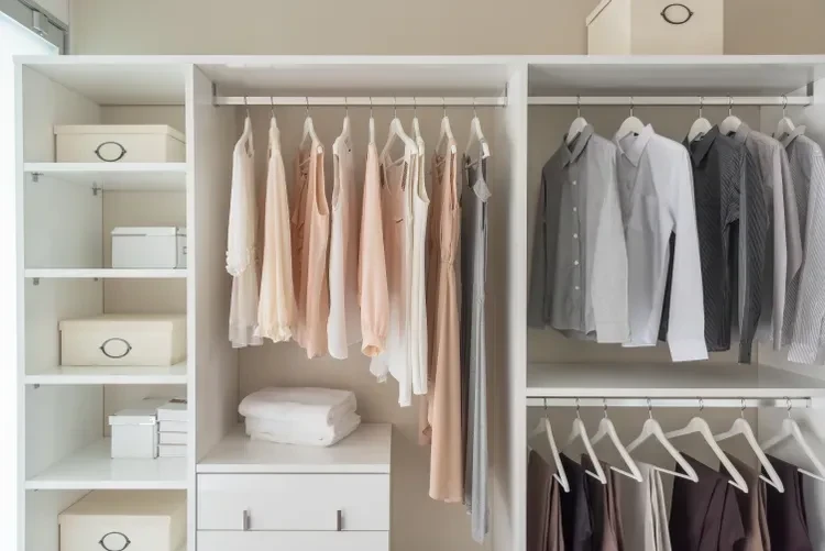 Organized white closet with neatly arranged clothing on hangers and storage boxes on shelves for minimalist living