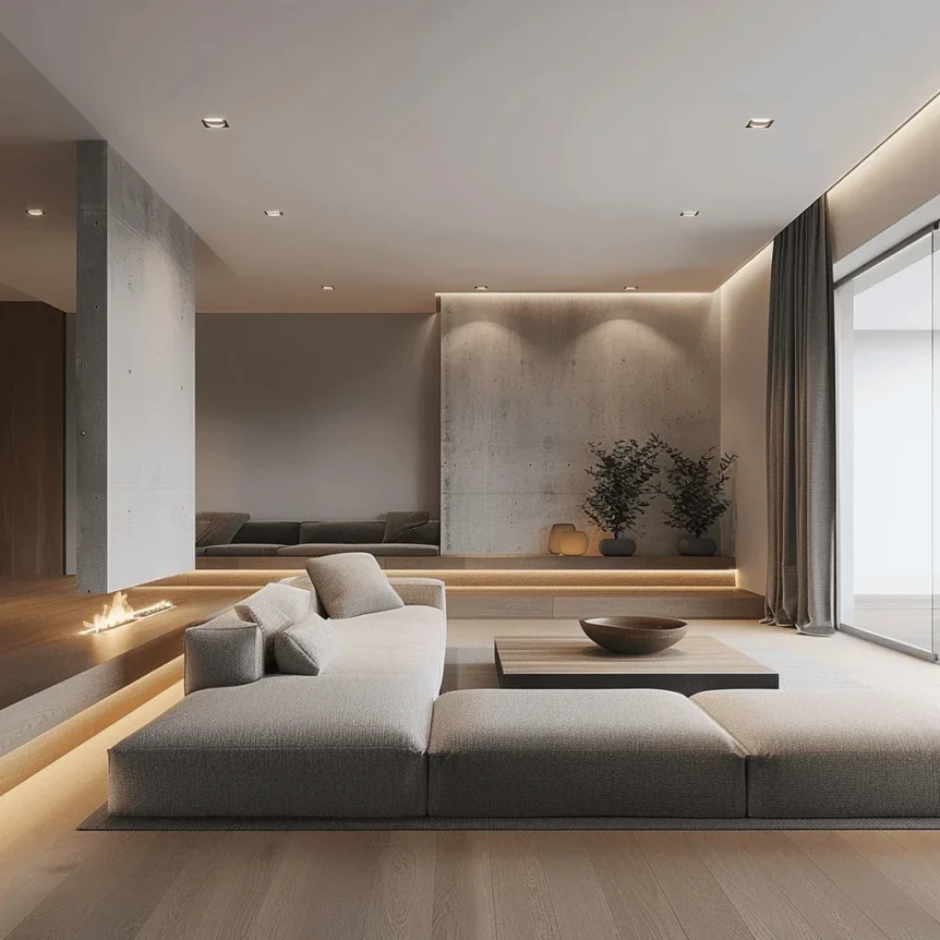 Modern minimalist living room with white sectional sofa, ambient lighting, and clean neutral color palette