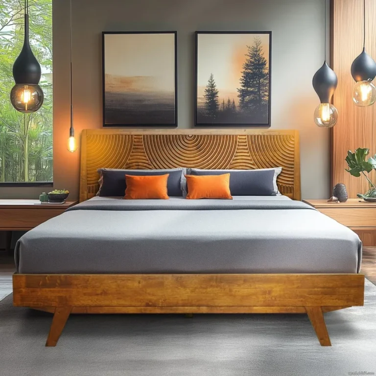 Mid-century modern bedroom with wood platform bed, geometric headboard, orange accent pillows, and pendant lighting