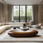 Modern Scandinavian living room with curved sofa, neutral tones, natural light, and minimalist wood furniture