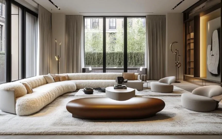 Modern Scandinavian living room with curved sofa, neutral tones, natural light, and minimalist wood furniture