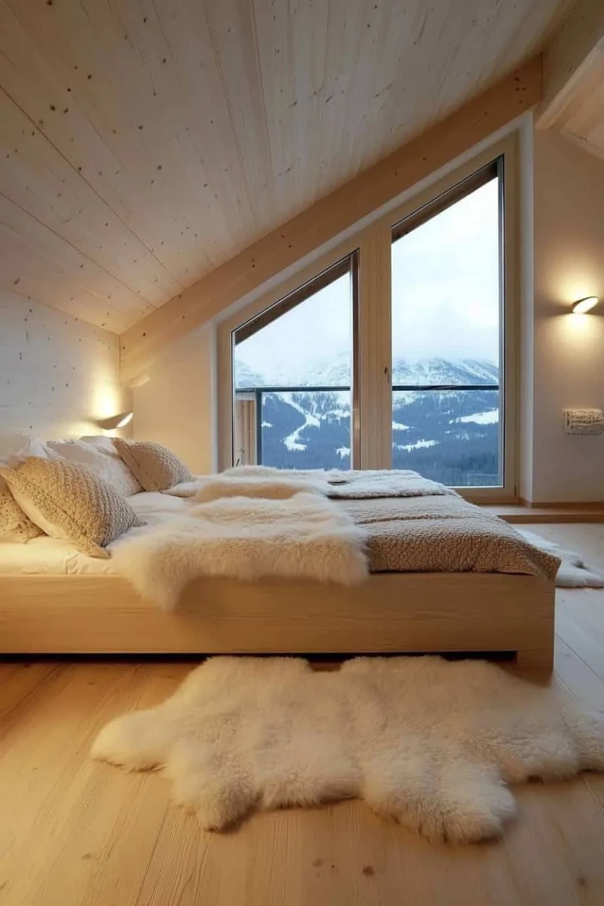 Minimalist Scandinavian bedroom with wooden floors, white bedding, sloped ceiling, and mountain view window