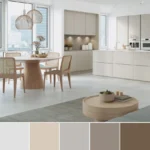 Scandinavian kitchen with neutral color palette featuring beige, gray, and taupe tones with modern minimalist design