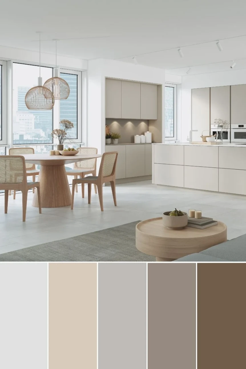 Scandinavian kitchen with neutral color palette featuring beige, gray, and taupe tones with modern minimalist design