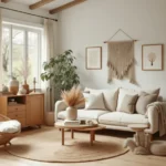 Bright Scandinavian living room with neutral tones, natural wood furniture, rattan chair, and bohemian decor accents