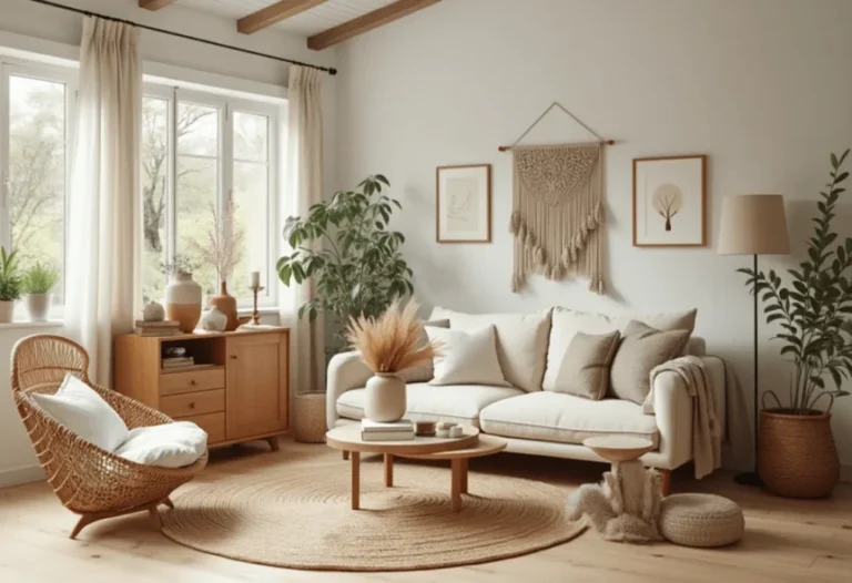 Bright Scandinavian living room with neutral tones, natural wood furniture, rattan chair, and bohemian decor accents