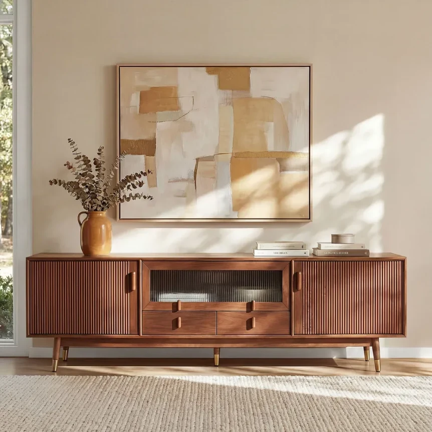 Mid-century modern wooden TV stand with ribbed cabinet doors and open shelf displaying decor beneath abstract wall art