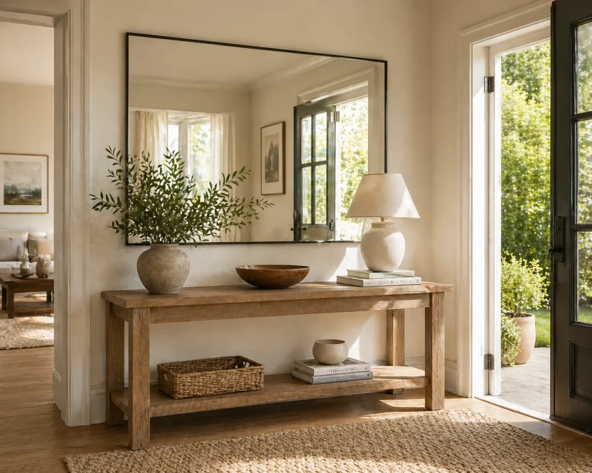 Rustic wooden console table with mirror, plants, and woven basket in bright entryway with neutral decor