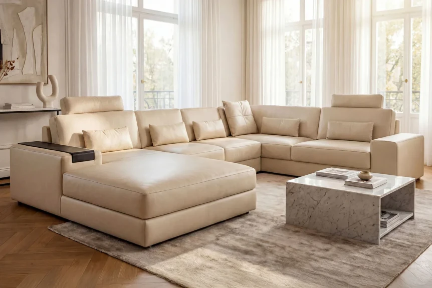 Large beige sectional sofa with chaise lounge in bright modern living room with windows and coffee table