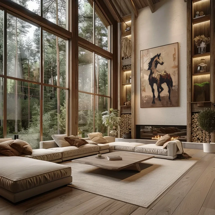 Modern living room with floor-to-ceiling windows, neutral tones, low seating, and natural forest views