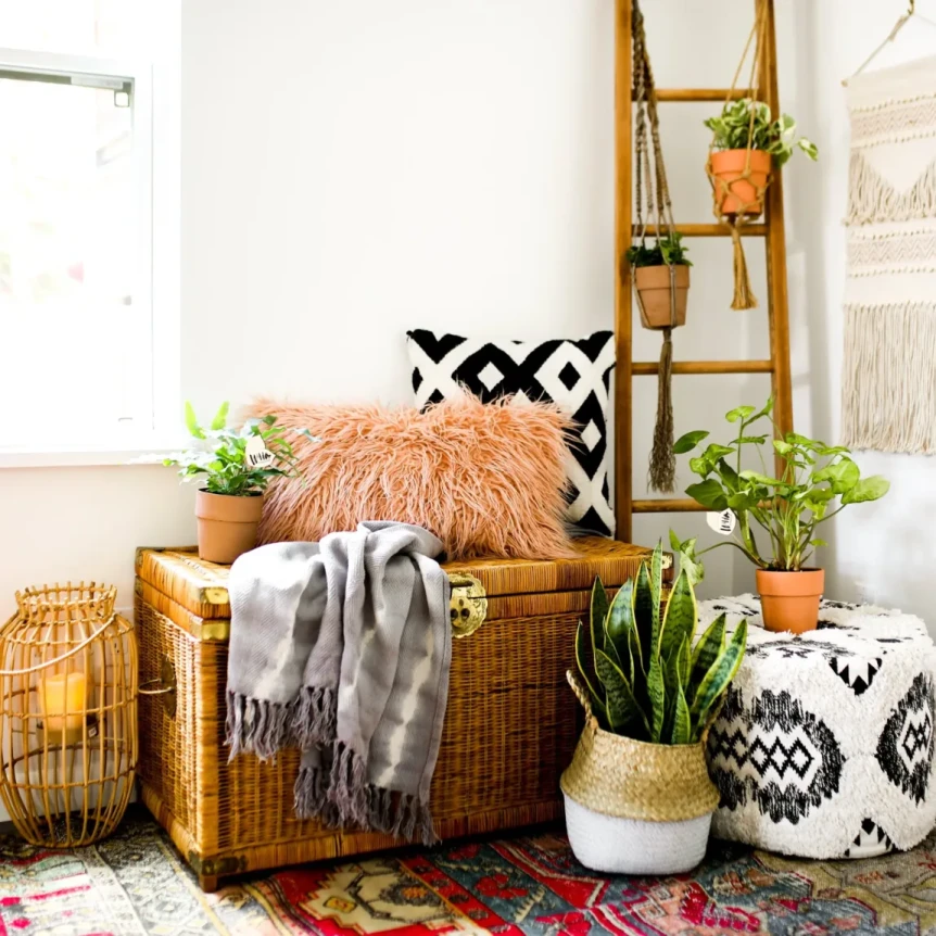 Wicker storage trunk with colorful pillows, ladder shelf with plants, and patterned rug creating bohemian decor style