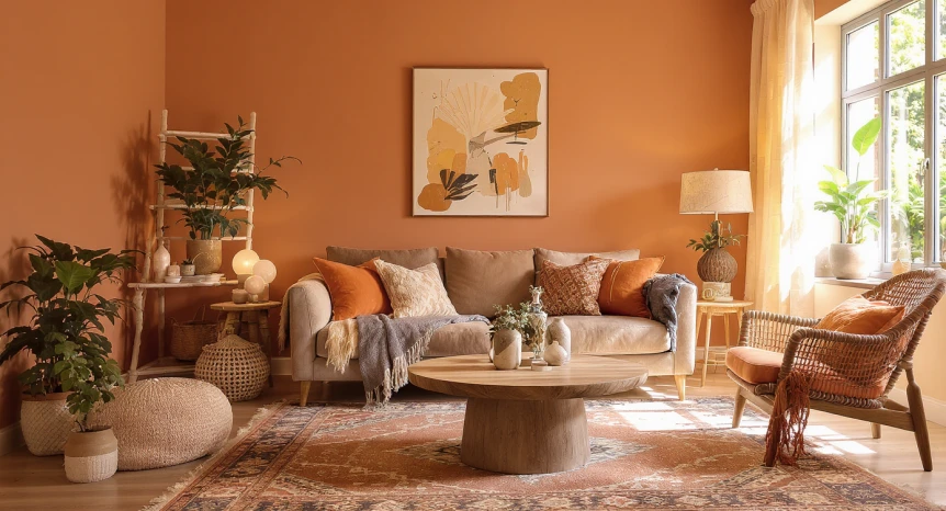 Warm bohemian living room with terracotta walls, tan sofa, rattan chairs, and natural decor elements