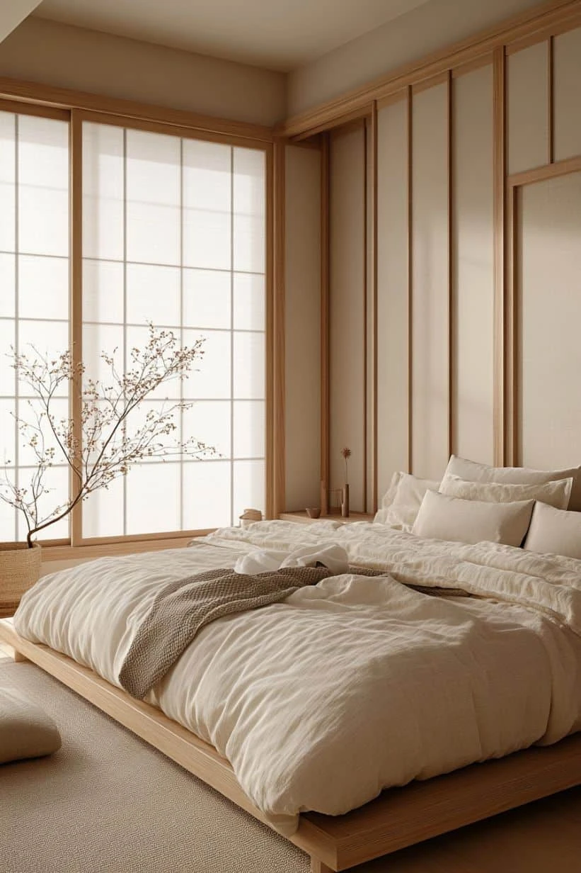 Minimalist Japandi bedroom with low platform bed, neutral linens, shoji screen windows, and natural wood accents