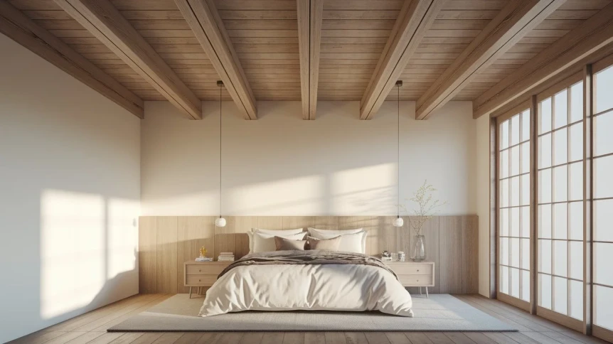 Minimalist Japandi bedroom with exposed wood beams, low platform bed, and shoji screen doors creating serene space