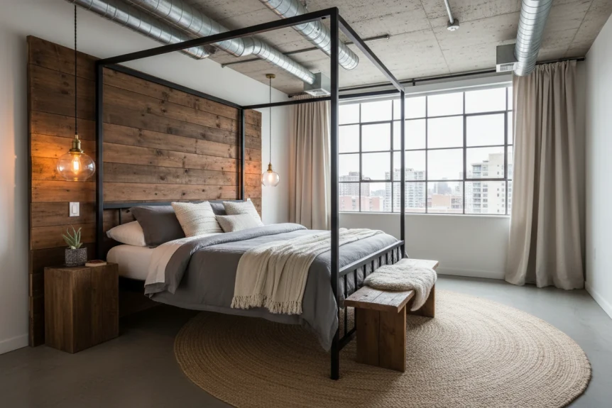 Industrial bedroom with black metal canopy bed, exposed ceiling, wood accent wall, and large factory windows