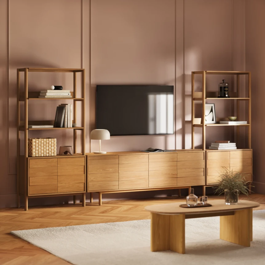Modern Scandinavian living room with light wood media console, open shelving, and minimalist coffee table