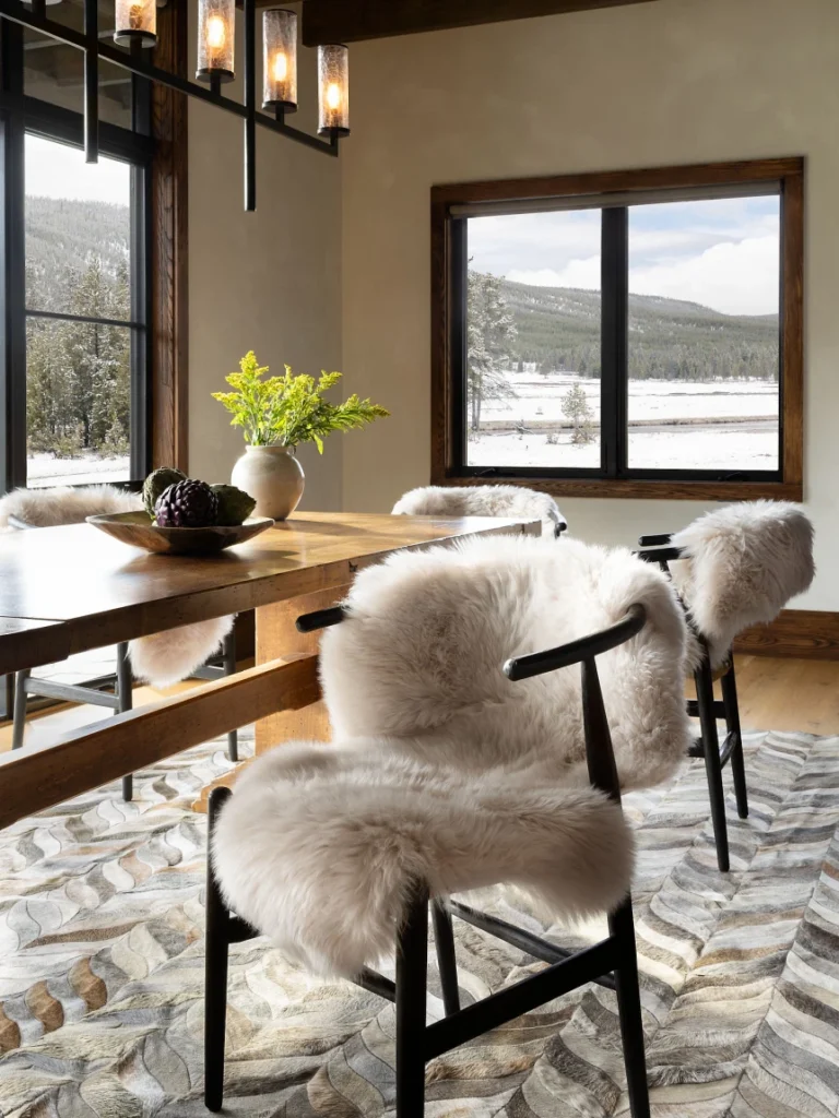 Cozy dining room with fluffy sheepskin chairs, wooden table, and mountain view windows embodying hygge style