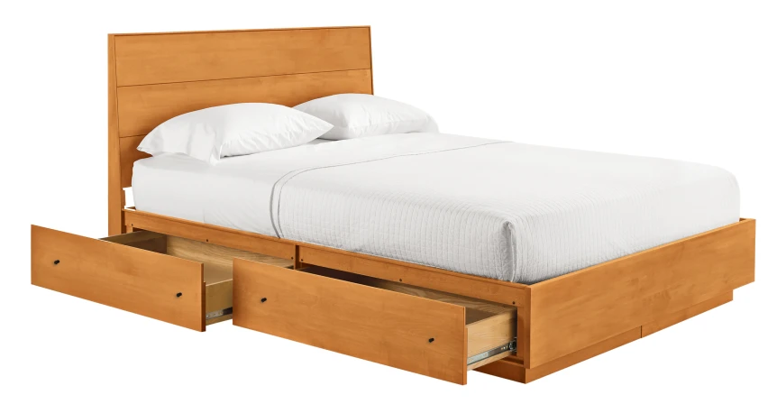 Queen size wooden storage bed frame with white mattress and pull-out drawers for bedroom organization