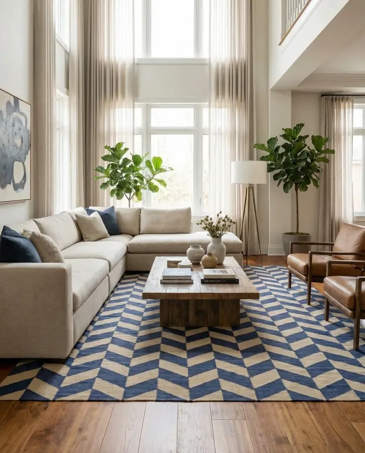 Modern living room with beige sectional sofa, geometric blue rug, and natural light from tall windows