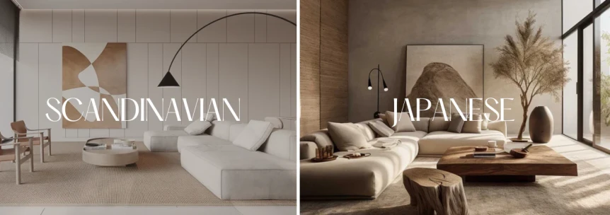 Scandinavian and Japandi interior design styles side by side comparison with neutral furniture and natural materials