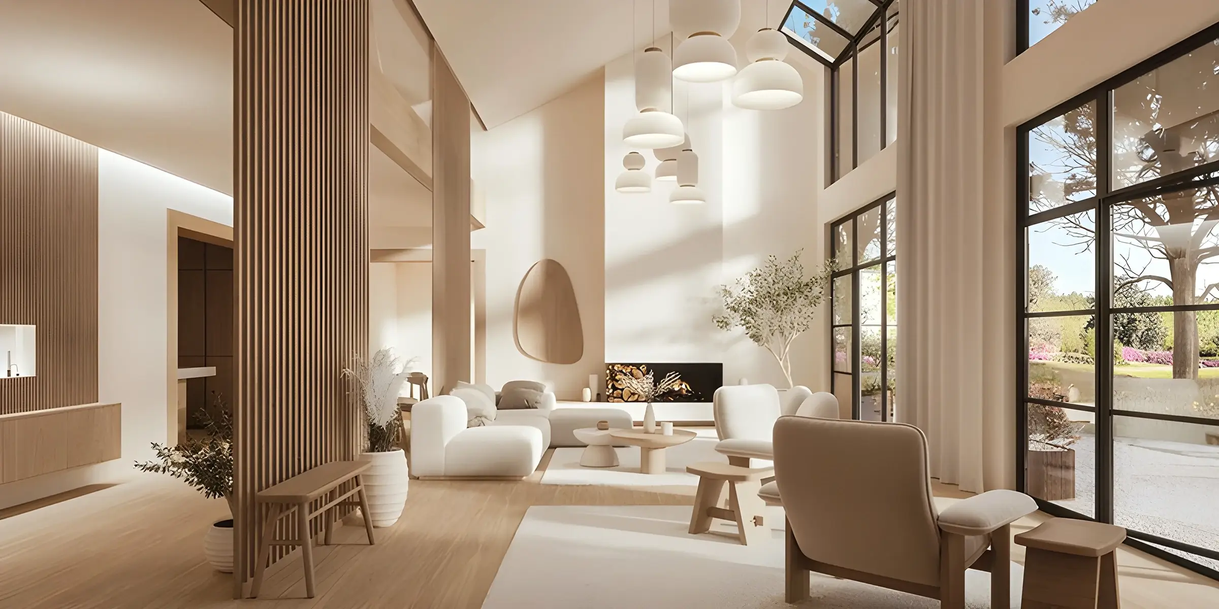 Modern luxury living room with high ceilings, natural light, neutral tones, and contemporary furniture design
