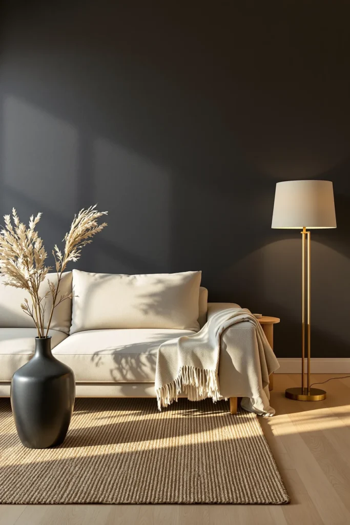 Japandi studio apartment inspiration showcasing natural textures paper shade lamp dried pampas stem minimalist japanese aesthetic