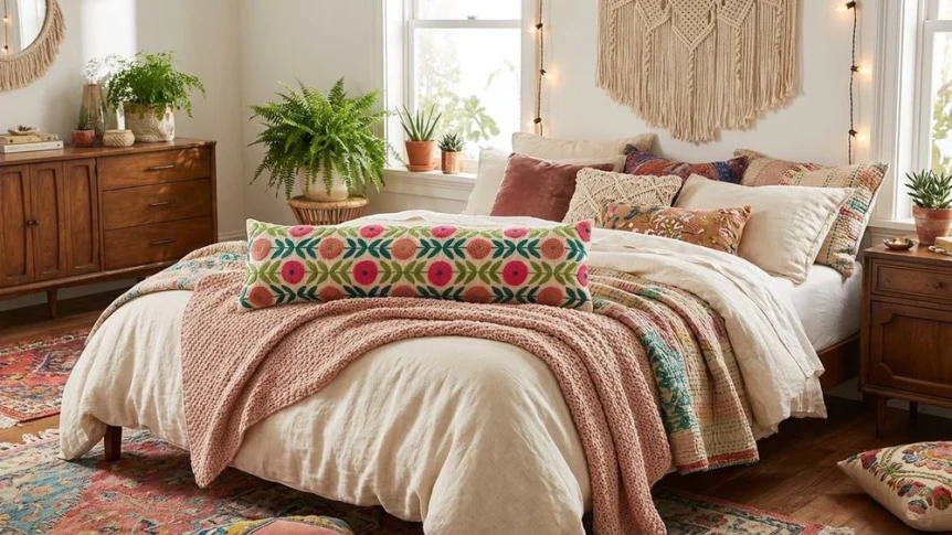 Boho bedroom with neutral bedding, colorful embroidered pillows, natural wood furniture and layered textiles