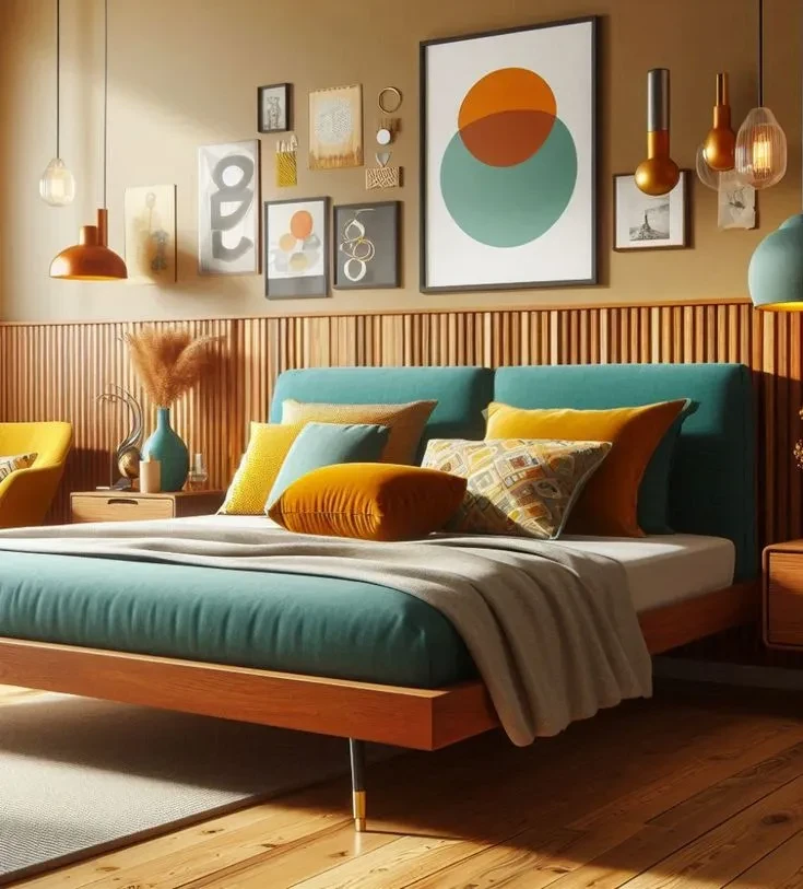 Mid century modern bedroom design with wall arts
