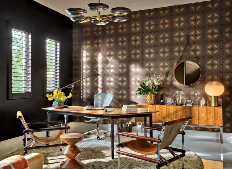 Midcentury inspired office with a desk at its center and a wooden cabinet resting on the back wall